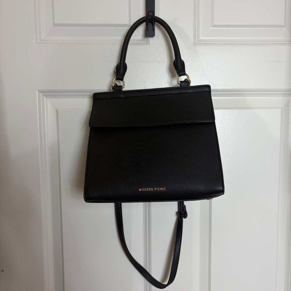 Modern Picnic The Large Luncher Black Vegan Leather Insulated Lunch Bag Handbag